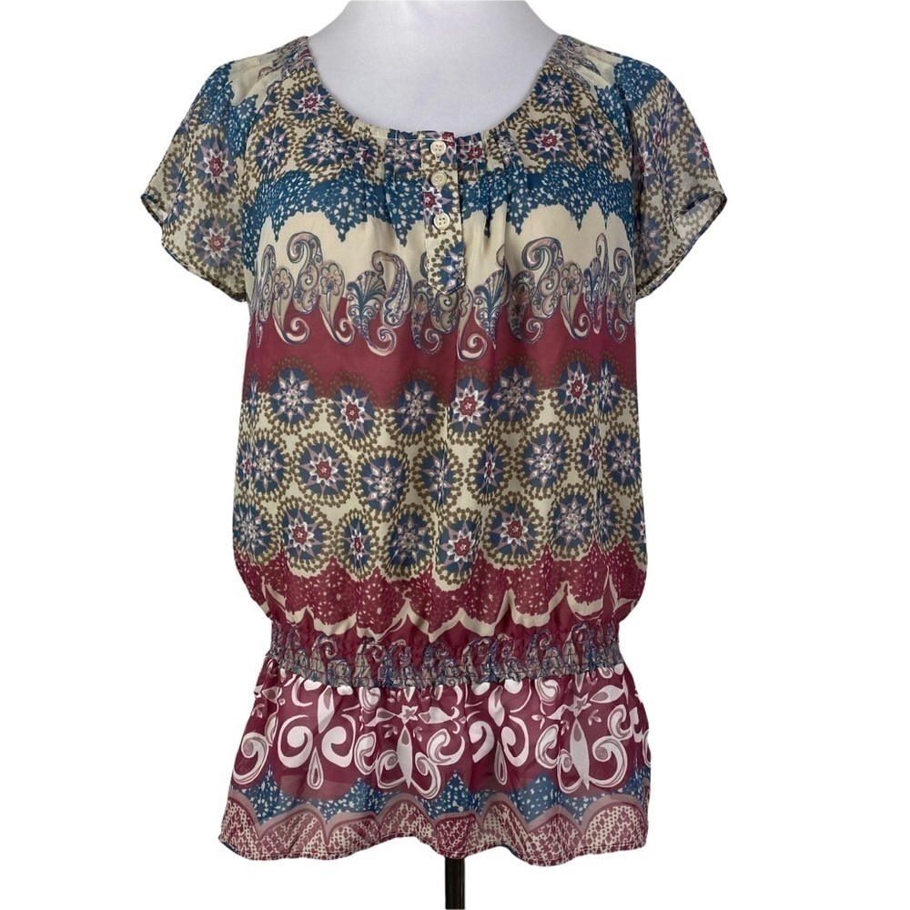 NY Collection Boho Peplum Lace Back Blouse Women's Medium Red Blue Paisley